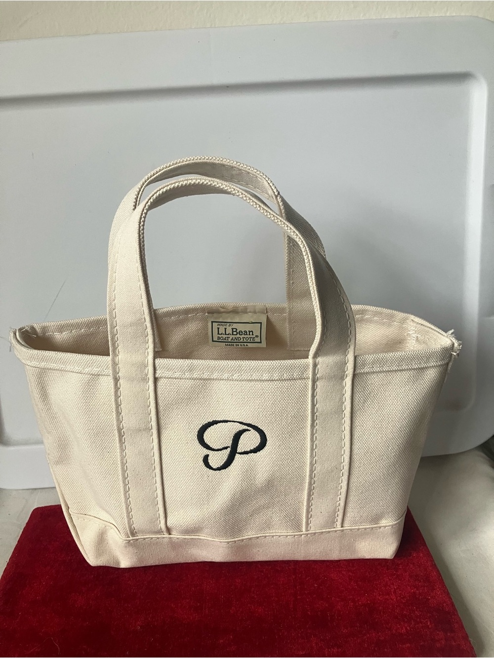 L.L. Bean Solid Natural Boat and Tote Bag Mini Size Cursive P Monogram USA NWOT